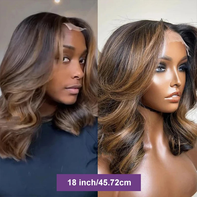 4/27 Highlight 13*4 Body Wave Glueless Closure100% Human Hair 
Frontal Wigs Ombre Brown Mix Blonde Water Wave Short Bob Wig