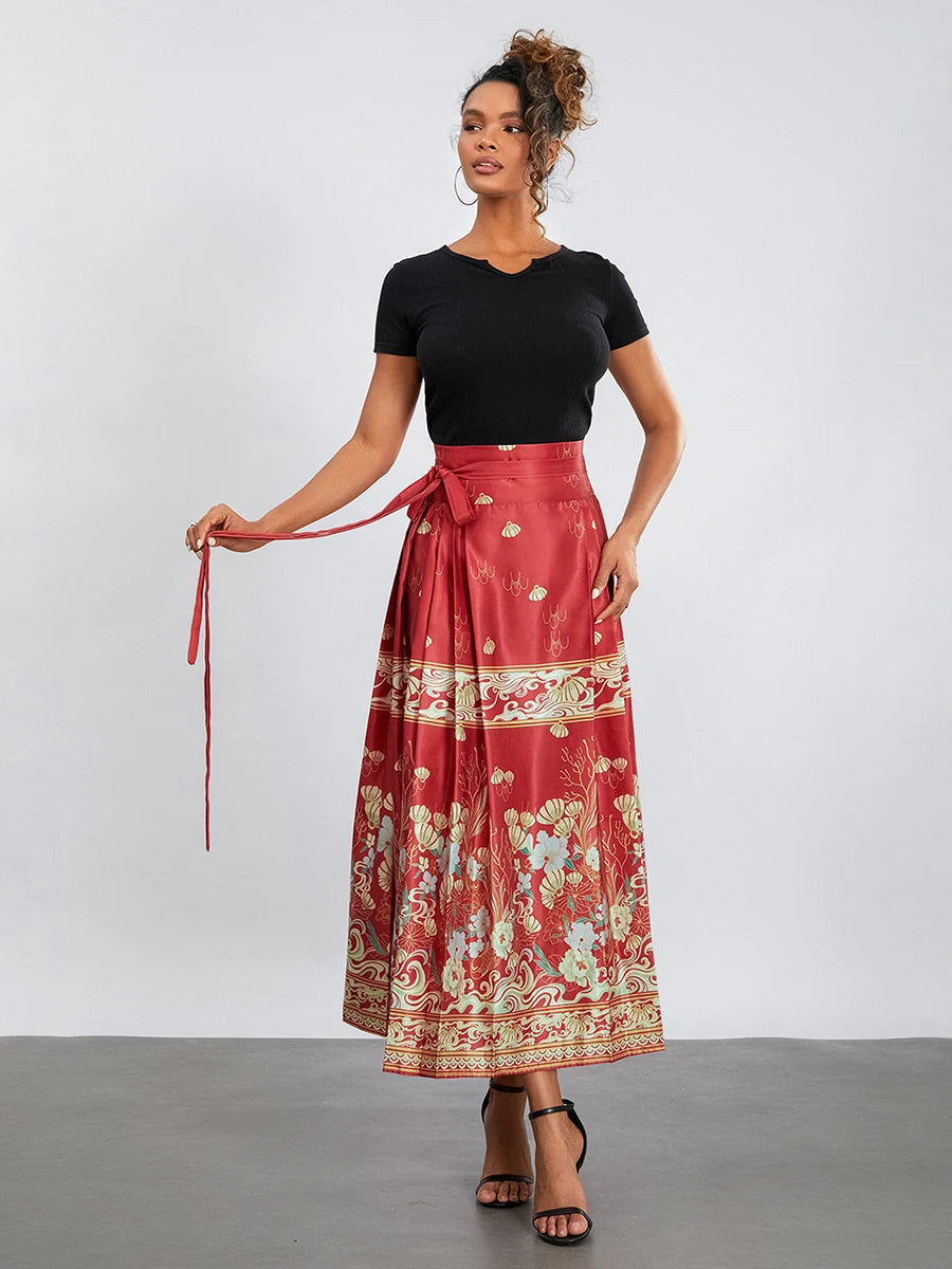 Womens Elegant Pleated Long Swing Skirt