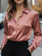 Women's Satin Button-Up Blouse, Elegant Collared Shirt
