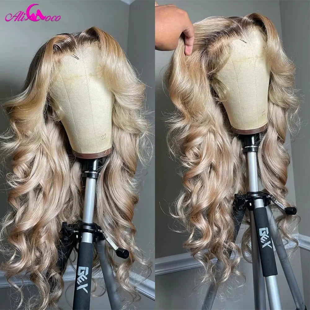 180 Density Brown Roots Ash Blonde Body Wave Lace Frontal Wig 
13x6 Ombre Ash Blonde Human Hair Wigs for Women