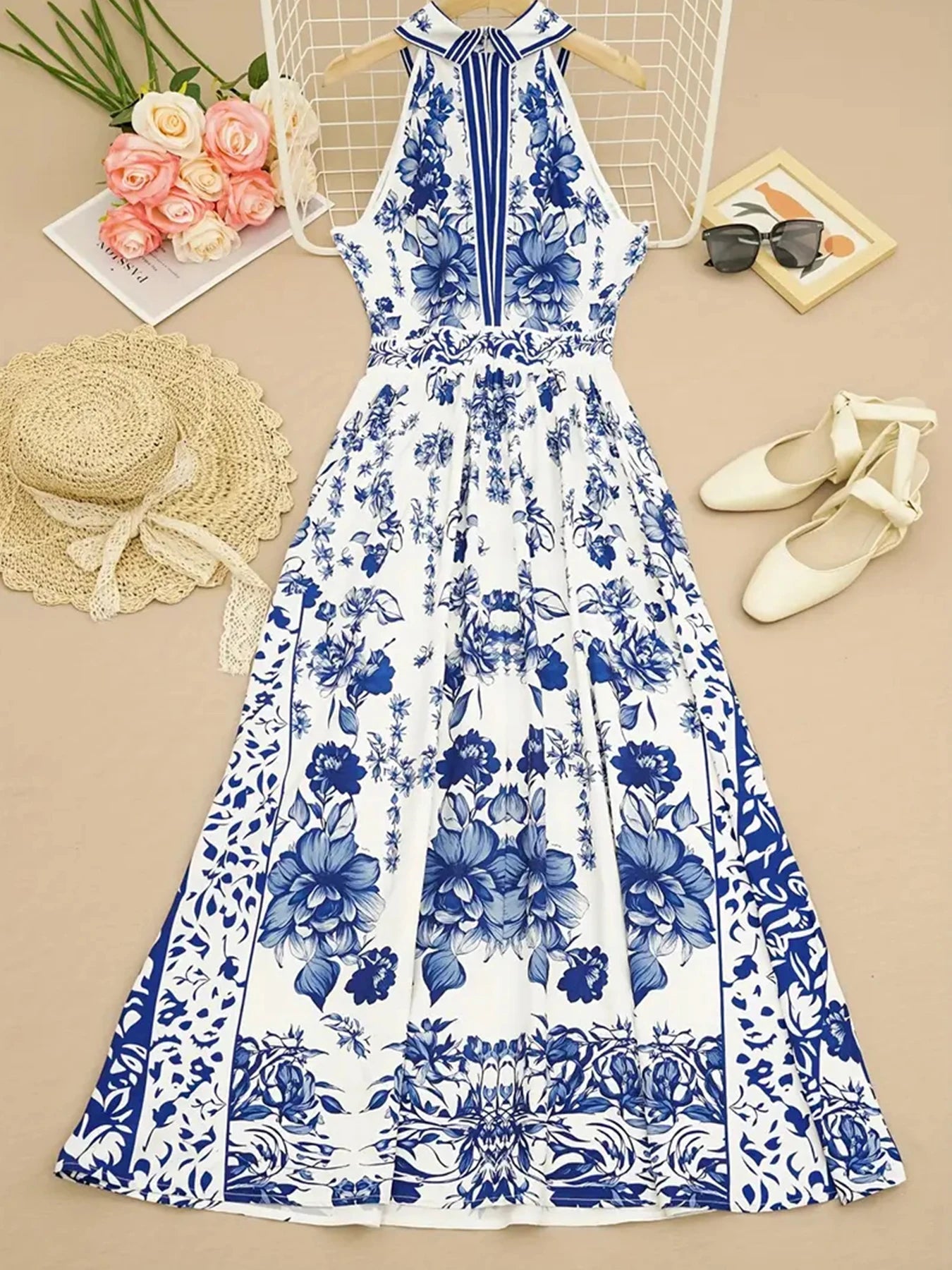Blue and White Floral Print Women's Long A-Line Dress