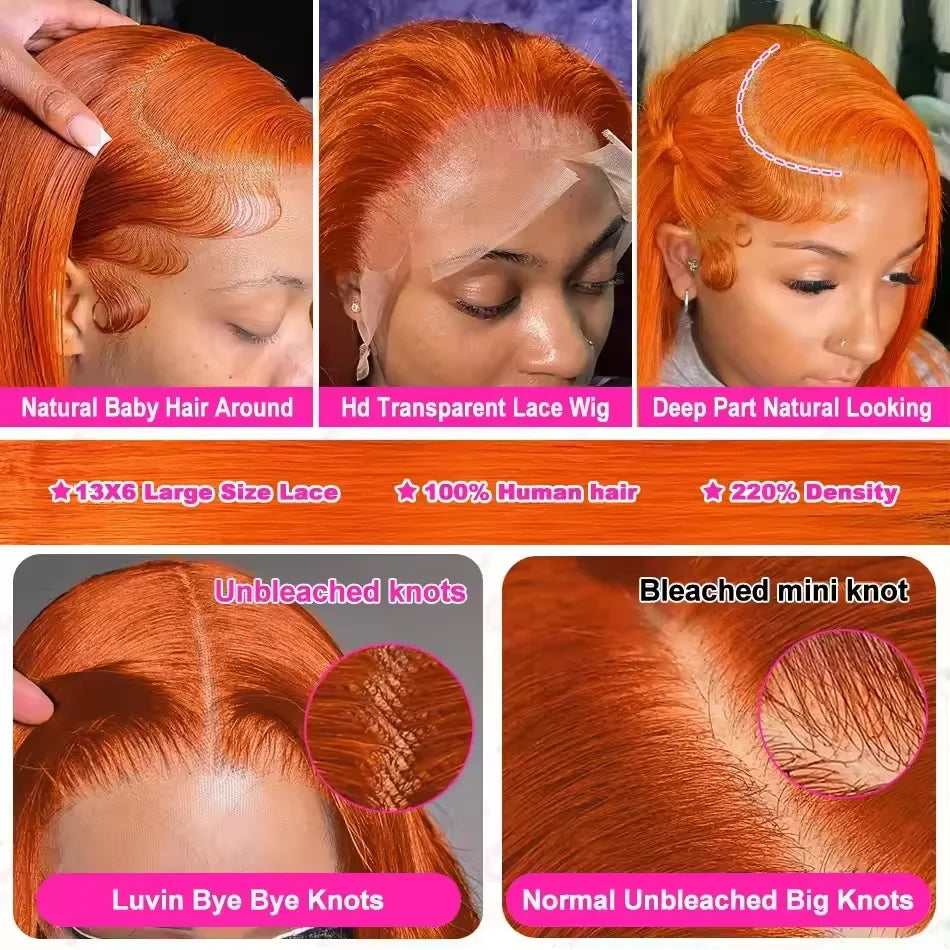 350 Ginger Orange Straight Human Hair Wigs 13X4 Hd Lace Frontal Wigs
 250% Density Pre-plucked Brazilian Human Hair Wig For Women
