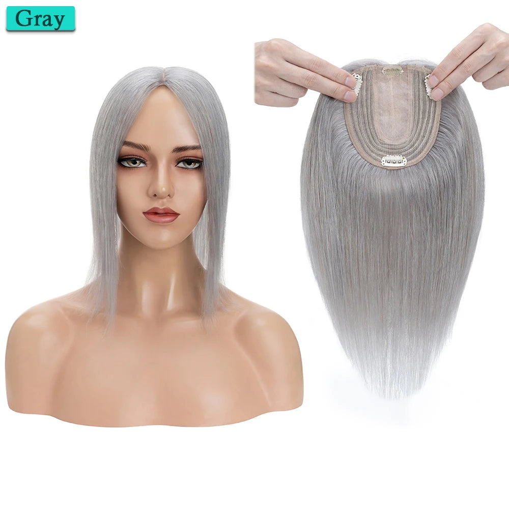 10x12cm Women Human Hair Toppers Silk Base Straight
 4 Clips In Hair Piece Brown Blonde