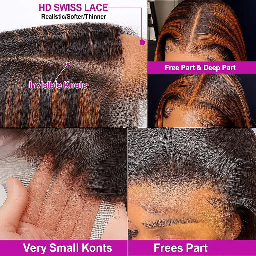 Highlight Colored 13x4 Lace Frontal Wigs Silky Straight Human Hair
  Front Short Bob Wigs Pre Cut Glueless Straight Bob Wigs