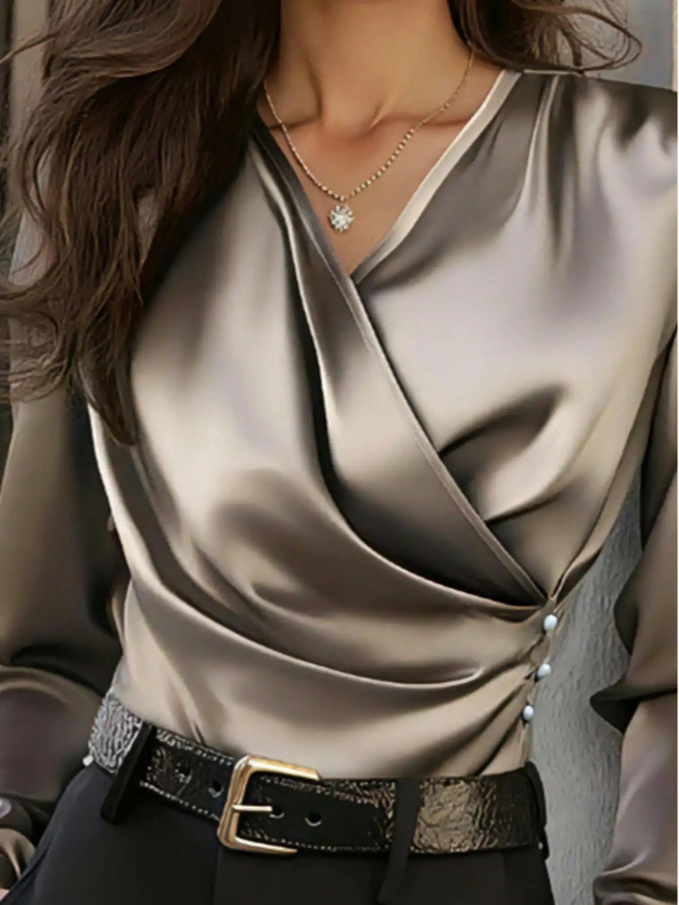 Solid Color Thick Satin Cross Front Long Sleeve Blouse