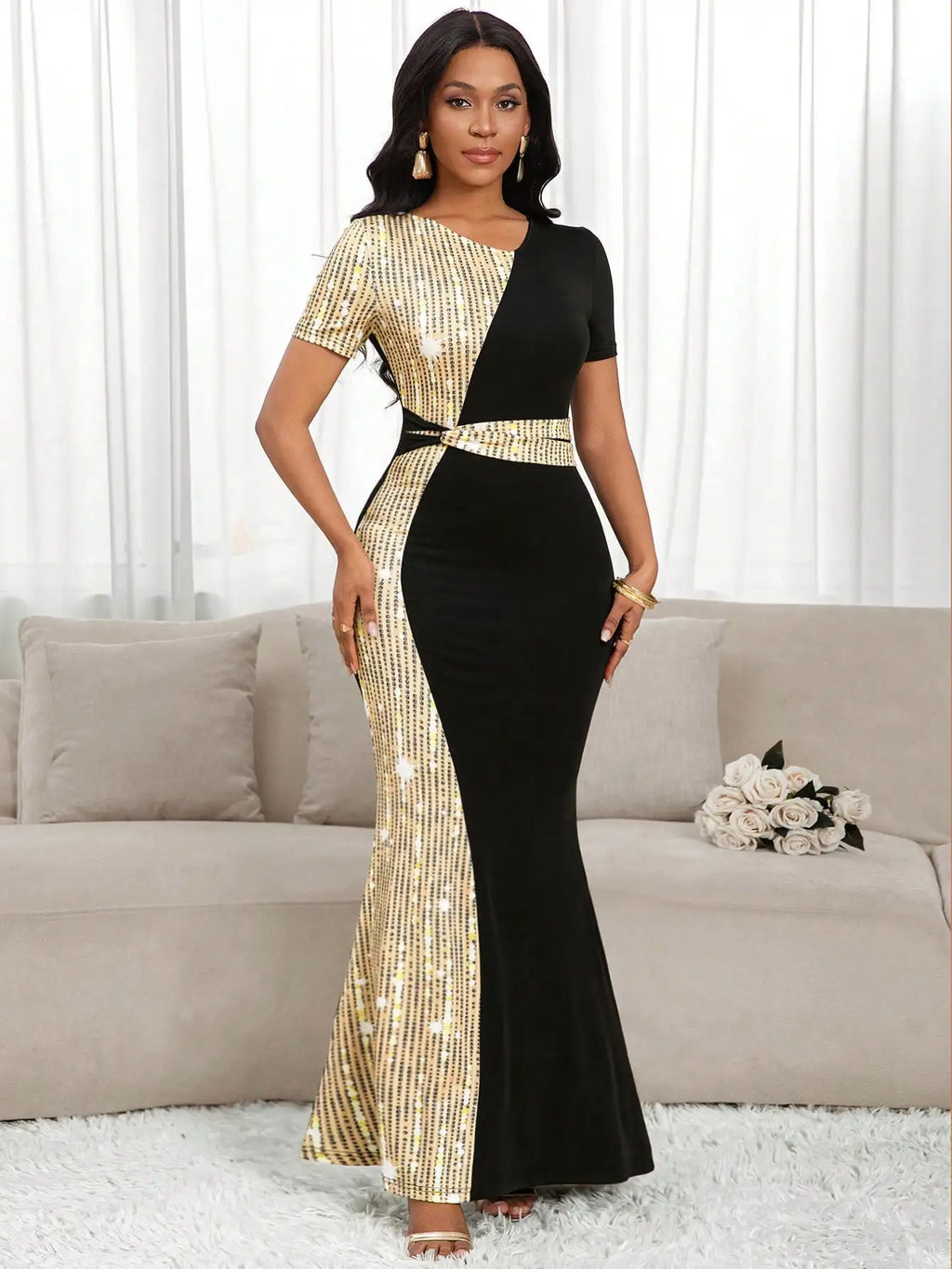 Elegant Black & Gold Sequin Mermaid Dress