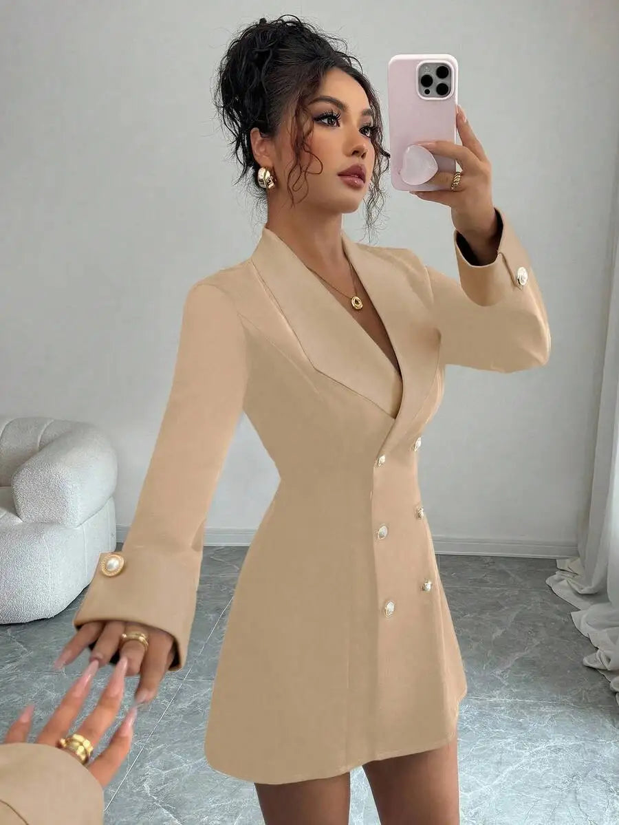 Black & WHITE Blazer Gold Buttons, Long Sleeve V-Neck Mini Dress