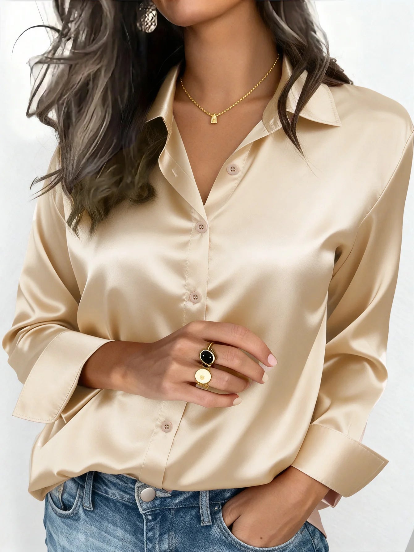 Women's Satin Button-Up Blouse, Elegant Collared Shirt