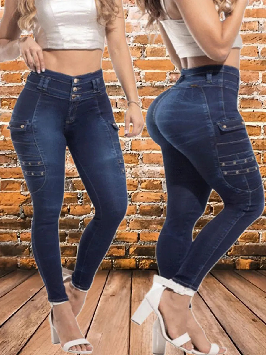 High-waisted jeans three-button, machine washable
