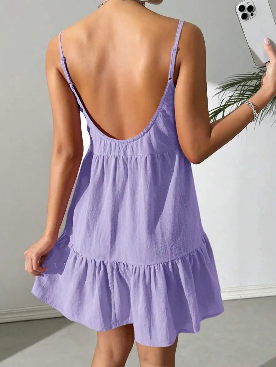 Backless Camisole Dress Ruffle Hem, Mini Dress