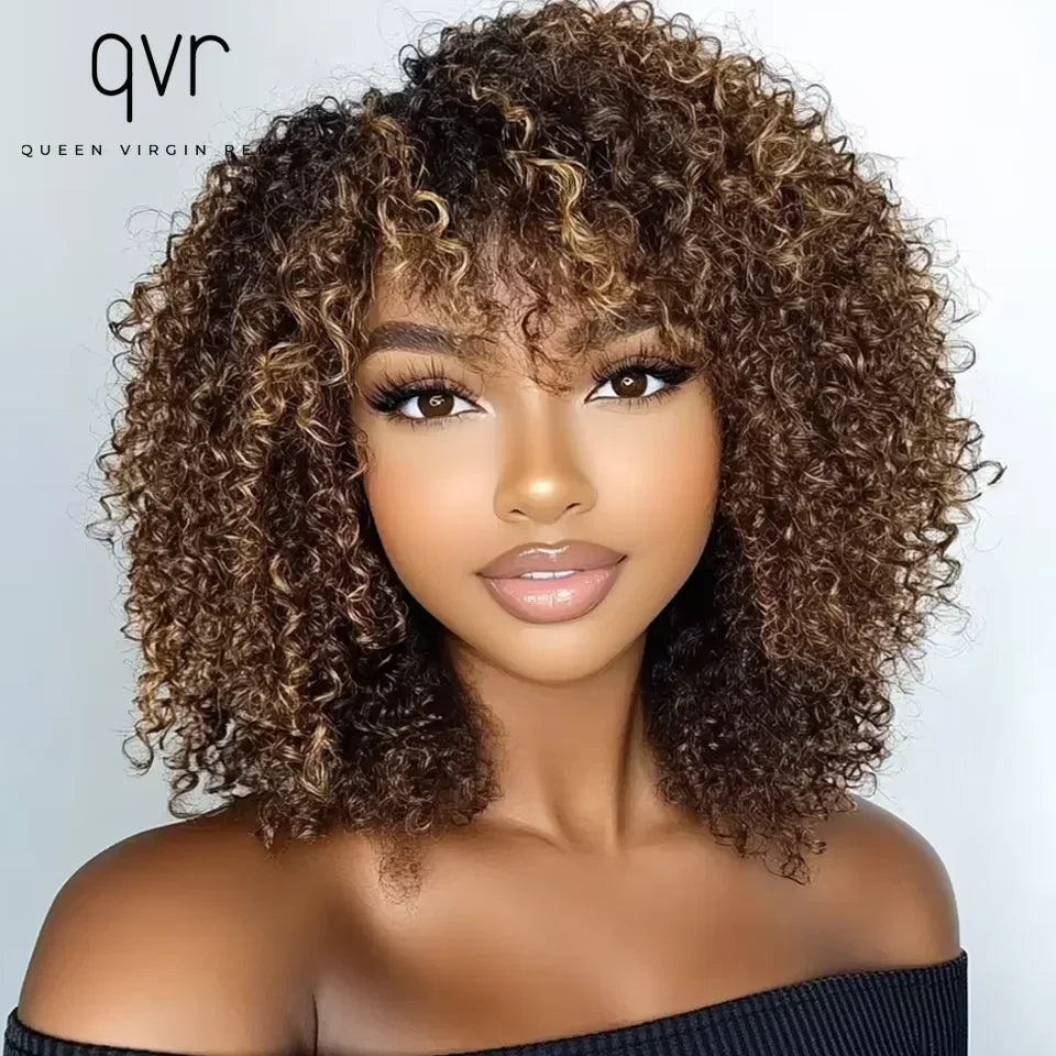 Curly Human Hair Wigs Full Machine Made for Women 
Short Bob With Bangs Affordable Natural Black Hairline Styling Ready