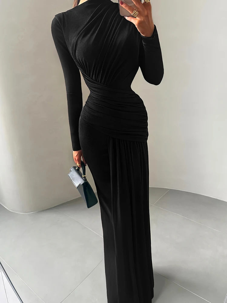 Maxi Dress Women o-Neck Full Sleeve Solid