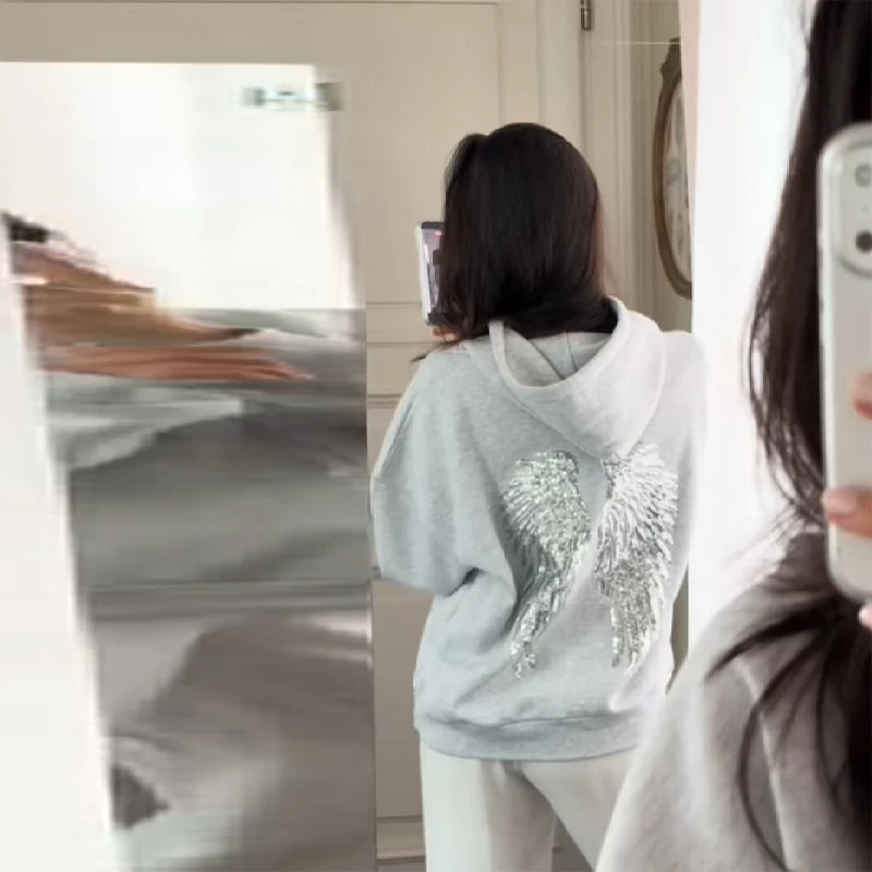 Women's Shinny Angel Wings Hooded Jacket and Pant set