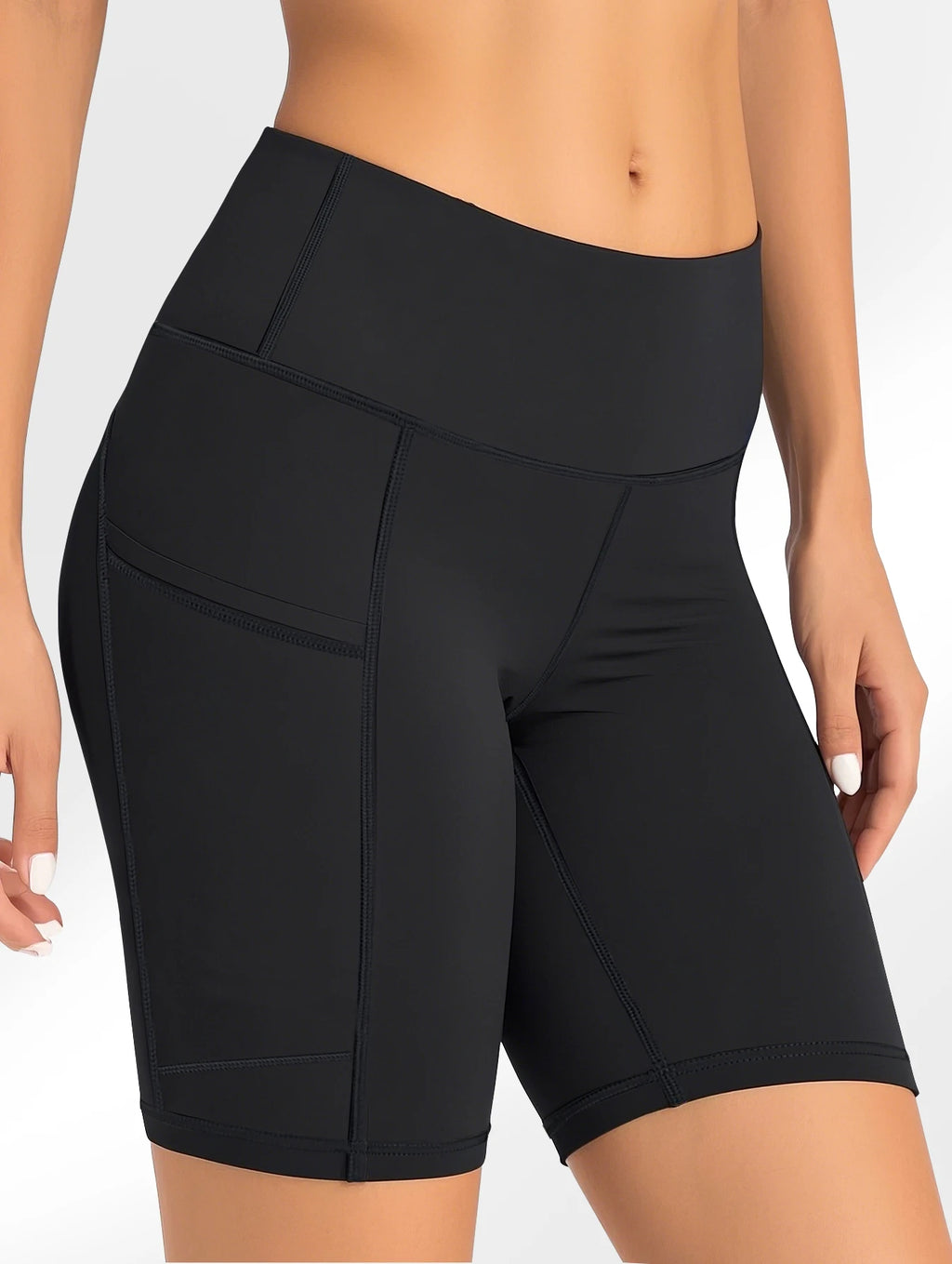 High-tummy-control shorts; pocket style.