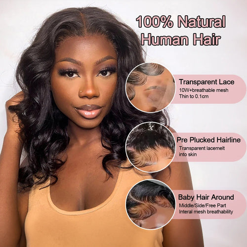 13x6 Glueless HD Lace Front Wig Body Wave Brazilian Human Hair
 Pre Cut Lace Short Bob Pre Plucked For Black Women Ready To Wear