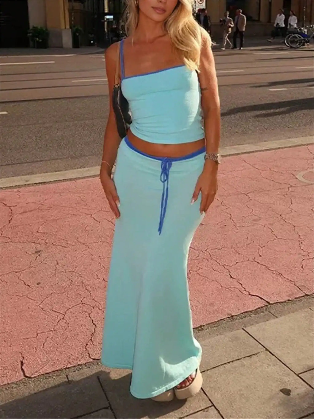 2-Piece Solid Color Crop Top  Maxi Skirt Set