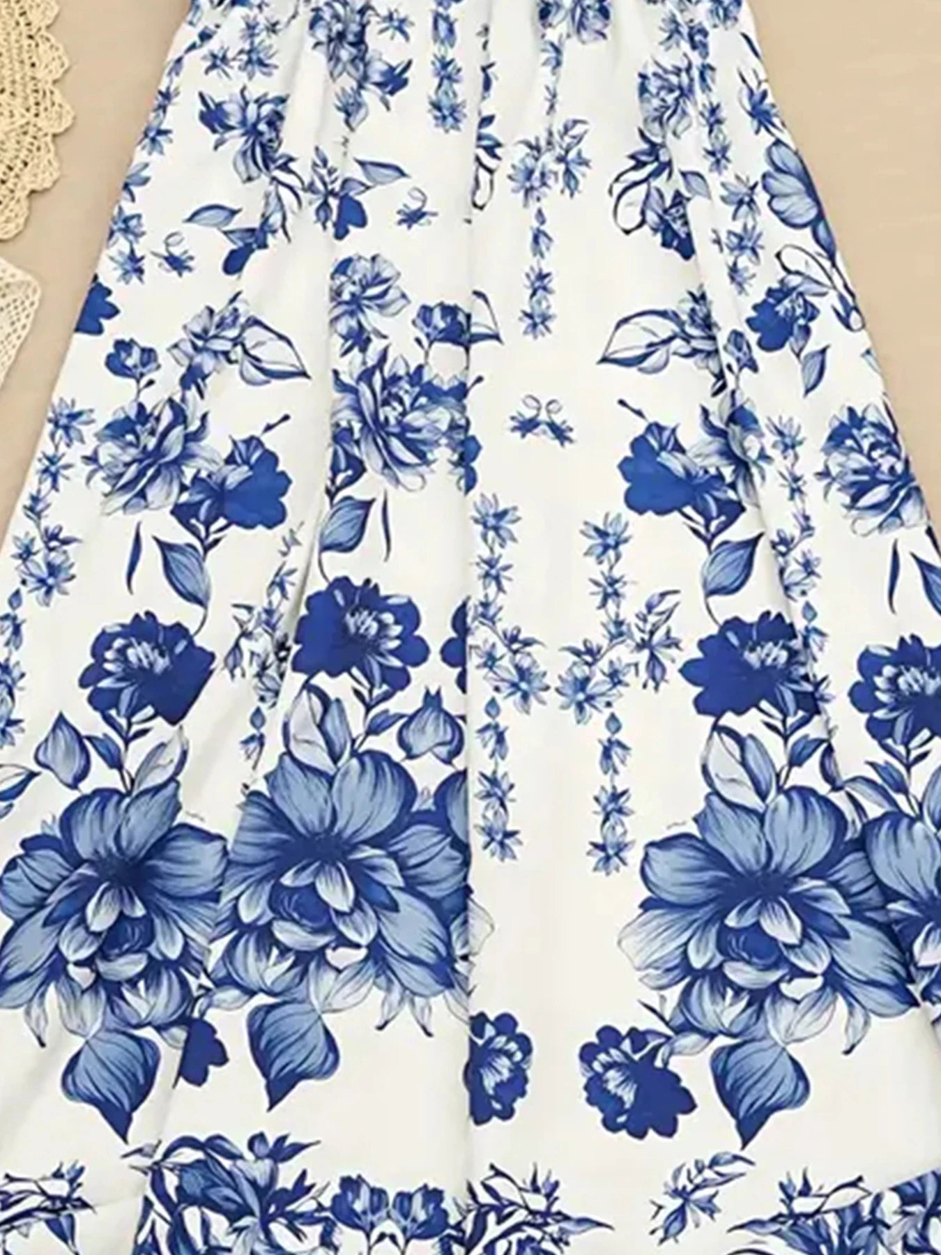 Blue and White Floral Print Women's Long A-Line Dress