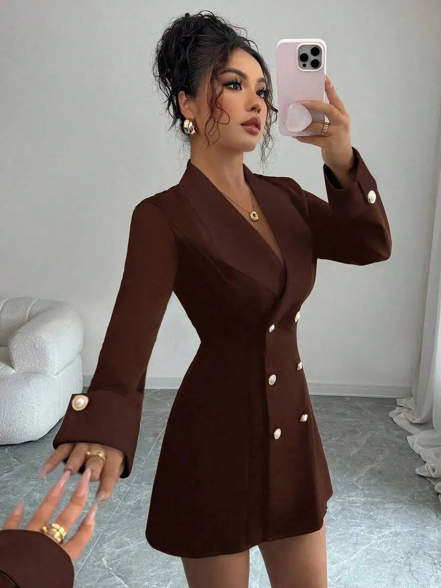 Black & WHITE Blazer Gold Buttons, Long Sleeve V-Neck Mini Dress