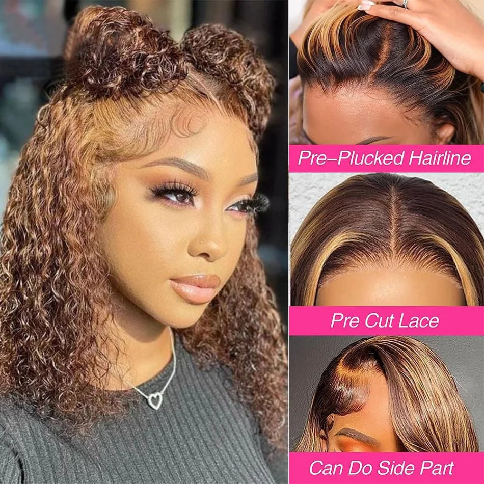 Highlight Ombre Bob Wig Human Hair 
100% Curly Short 5X5 Lace Closure Wig Honey Blonde Colored Glueless Deep Wave Frontal Wigs