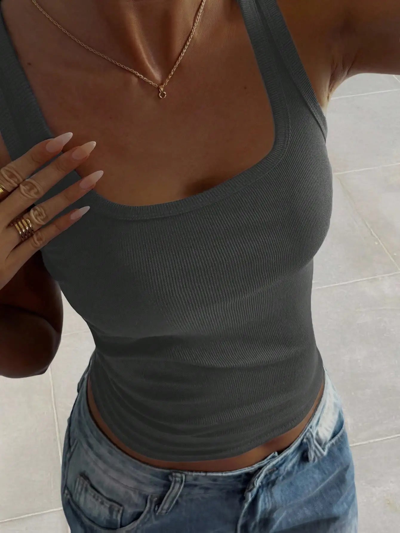 Women's Ribbed Square Neck Tank Soft Solid Color