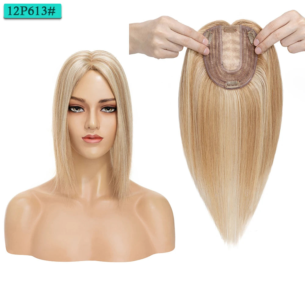 10x12cm Women Human Hair Toppers Silk Base Straight
 4 Clips In Hair Piece Brown Blonde