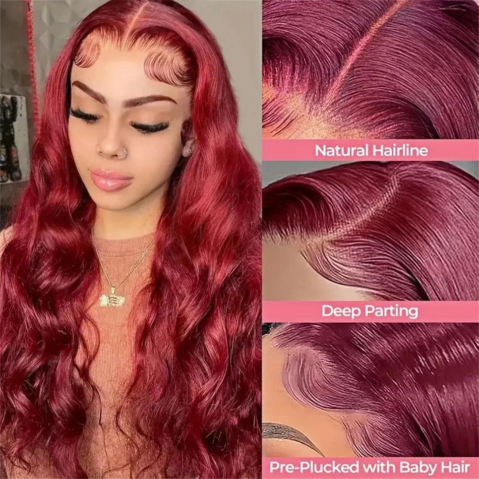 99j Burgundy 13x6 HD Lace Frontal Human Hair Wig 30 40 Inch Body Wave 
Lace Front Wigs 250 Density Red Colored Pre Plucked Wig