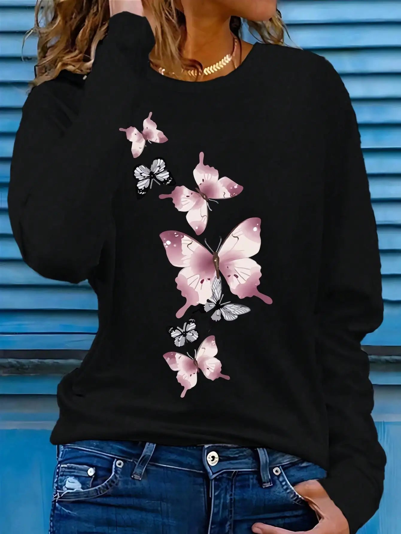 Women's Long Sleeve Butterfly Print T-Shirt, Round Neck Top