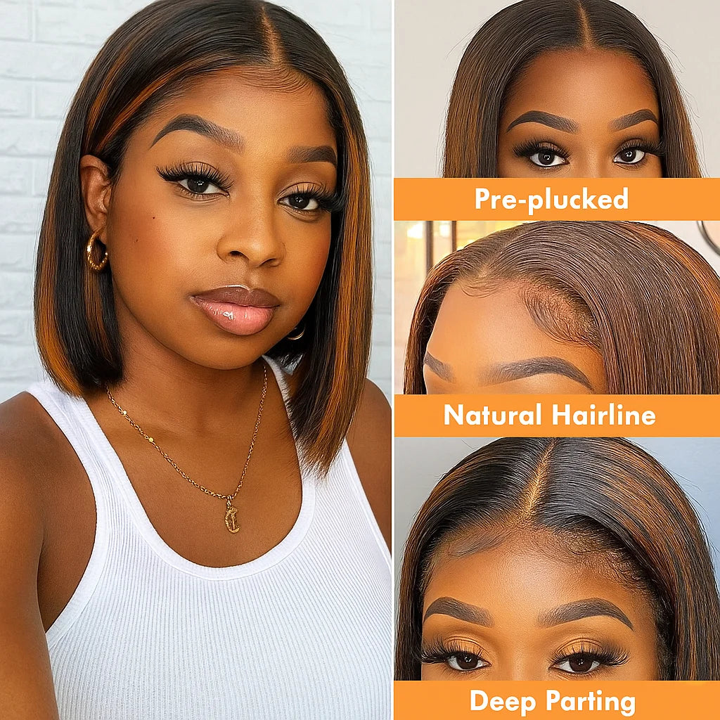 Highlight Colored 13x4 Lace Frontal Wigs Silky Straight Human Hair
  Front Short Bob Wigs Pre Cut Glueless Straight Bob Wigs