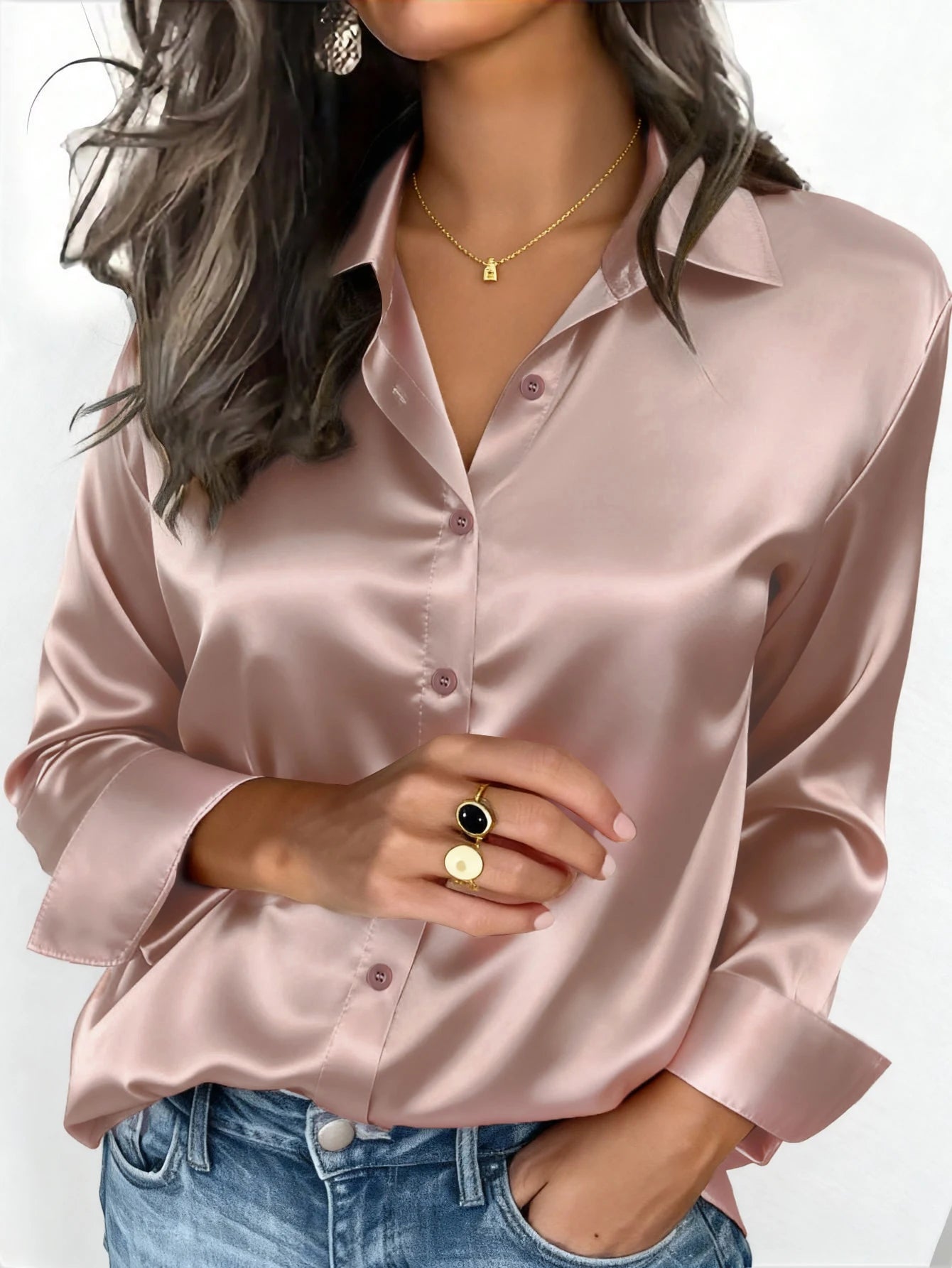 Women's Satin Button-Up Blouse, Elegant Collared Shirt