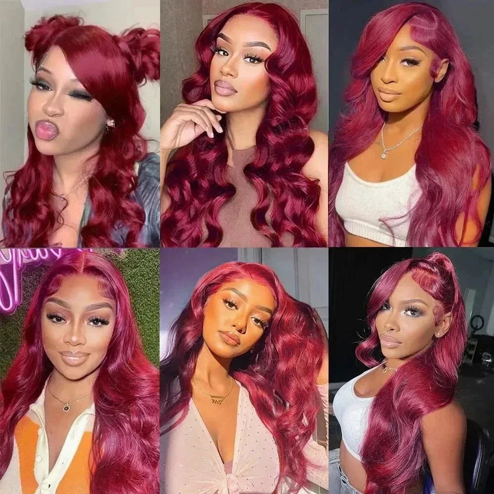 99j Burgundy 13x6 HD Lace Frontal Human Hair Wig 30 40 Inch Body Wave 
Lace Front Wigs 250 Density Red Colored Pre Plucked Wig