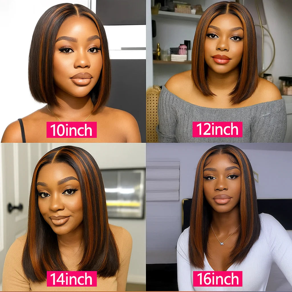 Highlight Colored 13x4 Lace Frontal Wigs Silky Straight Human Hair
  Front Short Bob Wigs Pre Cut Glueless Straight Bob Wigs