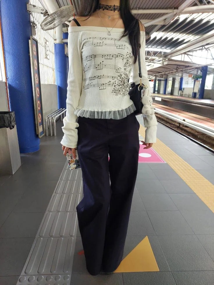 Slim Fit Off-Shoulder Top - Long Sleeve Ruffle Trim