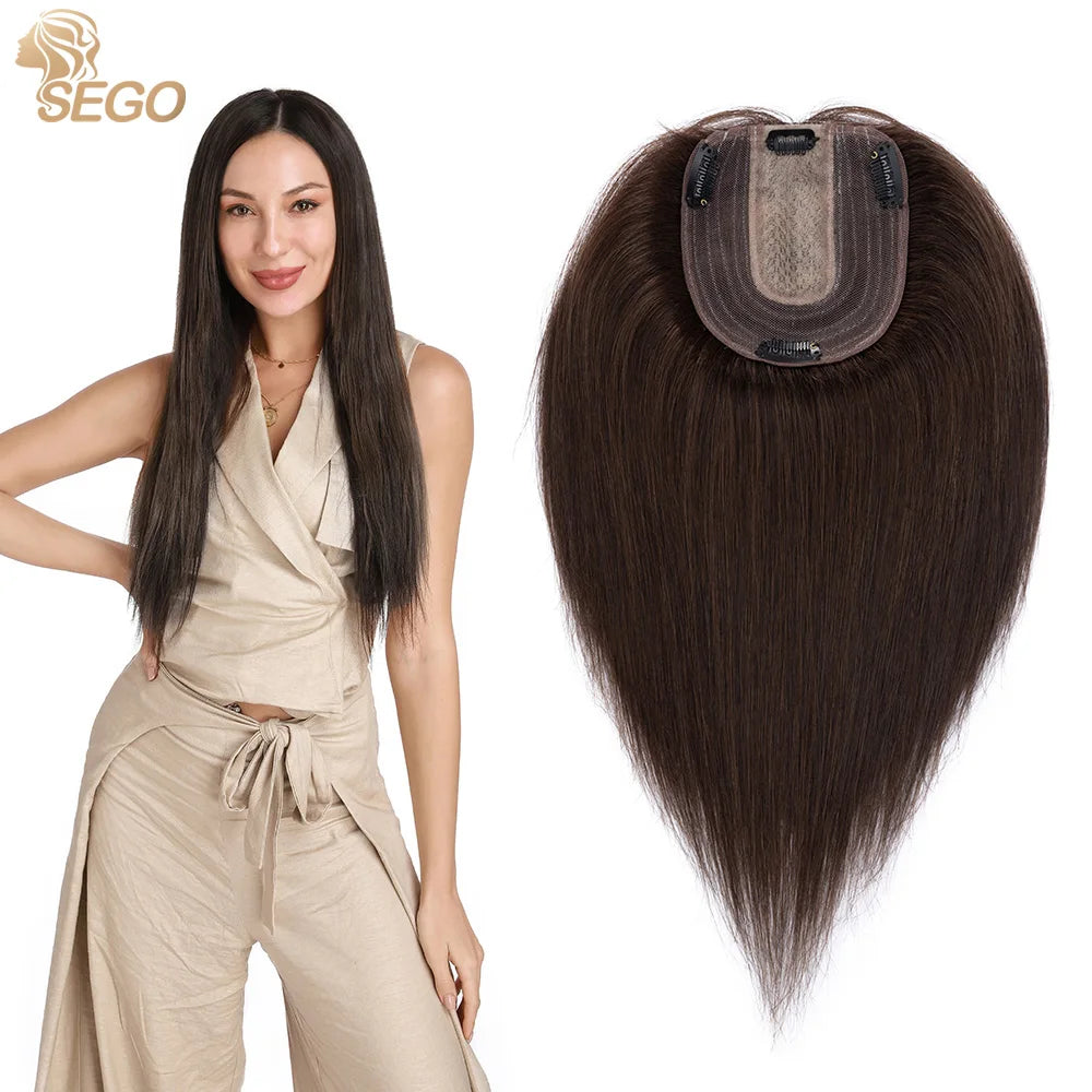 10x12cm Women Human Hair Toppers Silk Base Straight
 4 Clips In Hair Piece Brown Blonde