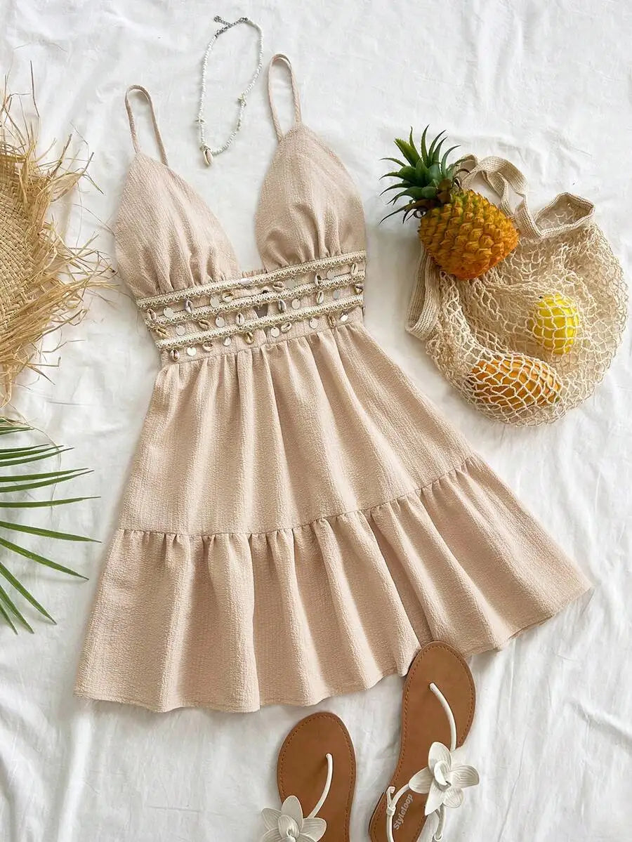 Black V-Neck Sleeveless Backless Summer Dress for Women, Casual Beach Party Wear