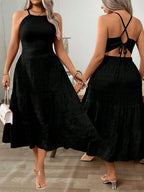 Red Plus Size Halter Maxi Dress with Ruffle Hem