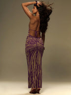 Purple & Beige Zebra Print Knitted Halter Maxi