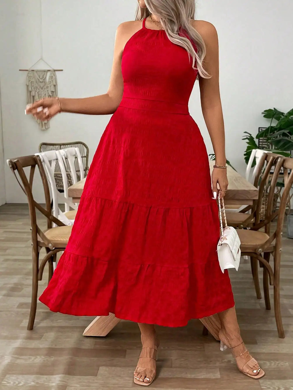 Red Plus Size Halter Maxi Dress with Ruffle Hem