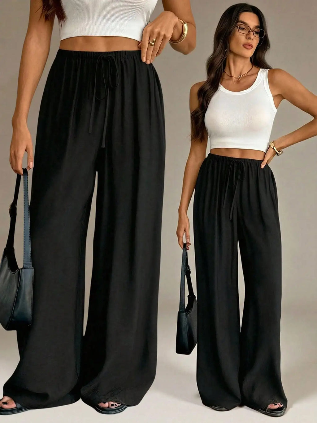 Women Wide Leg Pants Casual High Waist Elastic Drawstring Black