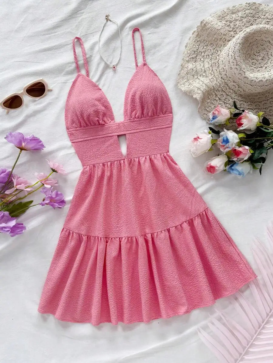 Black V-Neck Sleeveless Backless Summer Dress for Women, Casual Beach Party Wear