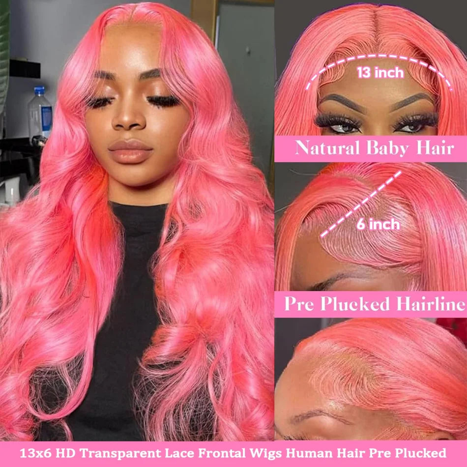 Pink Human Hair Wig Colored Body Wave Lace Front Wig
 13X6 Lace Frontal Wig 250 Density Brazilian Wig Original 40 Inch Natural
