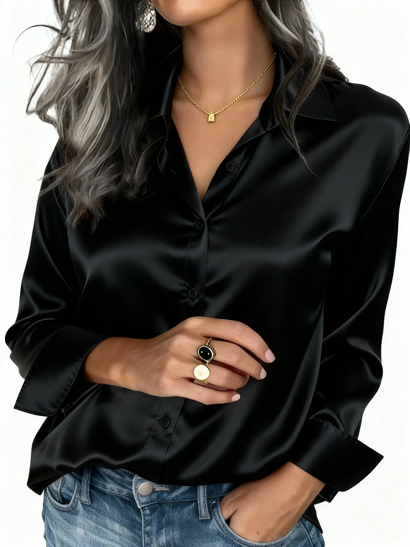 Women's Satin Button-Up Blouse, Elegant Collared Shirt