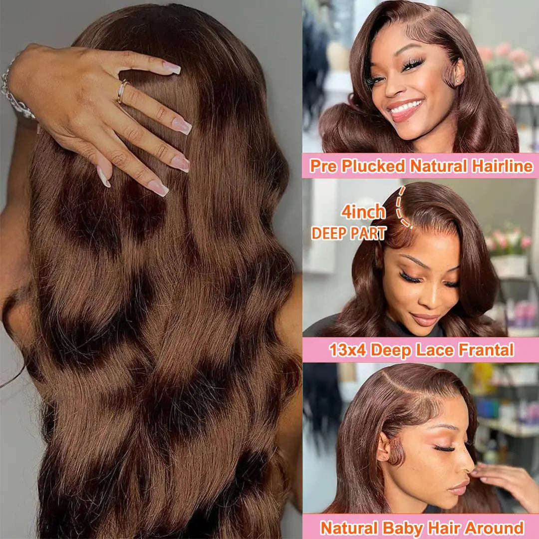 Body Wave Chocolate Brown Lace Front Wigs Human Hair
 Pre Plucked Brazilian Brown Virgin Hair Glueless HD Frontal Wig