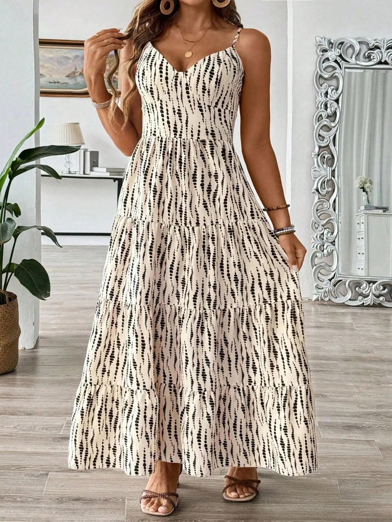 Boho Plus Size Maxi Dress with Back Tie & Tiered Skirt for Summer Beach Vacations