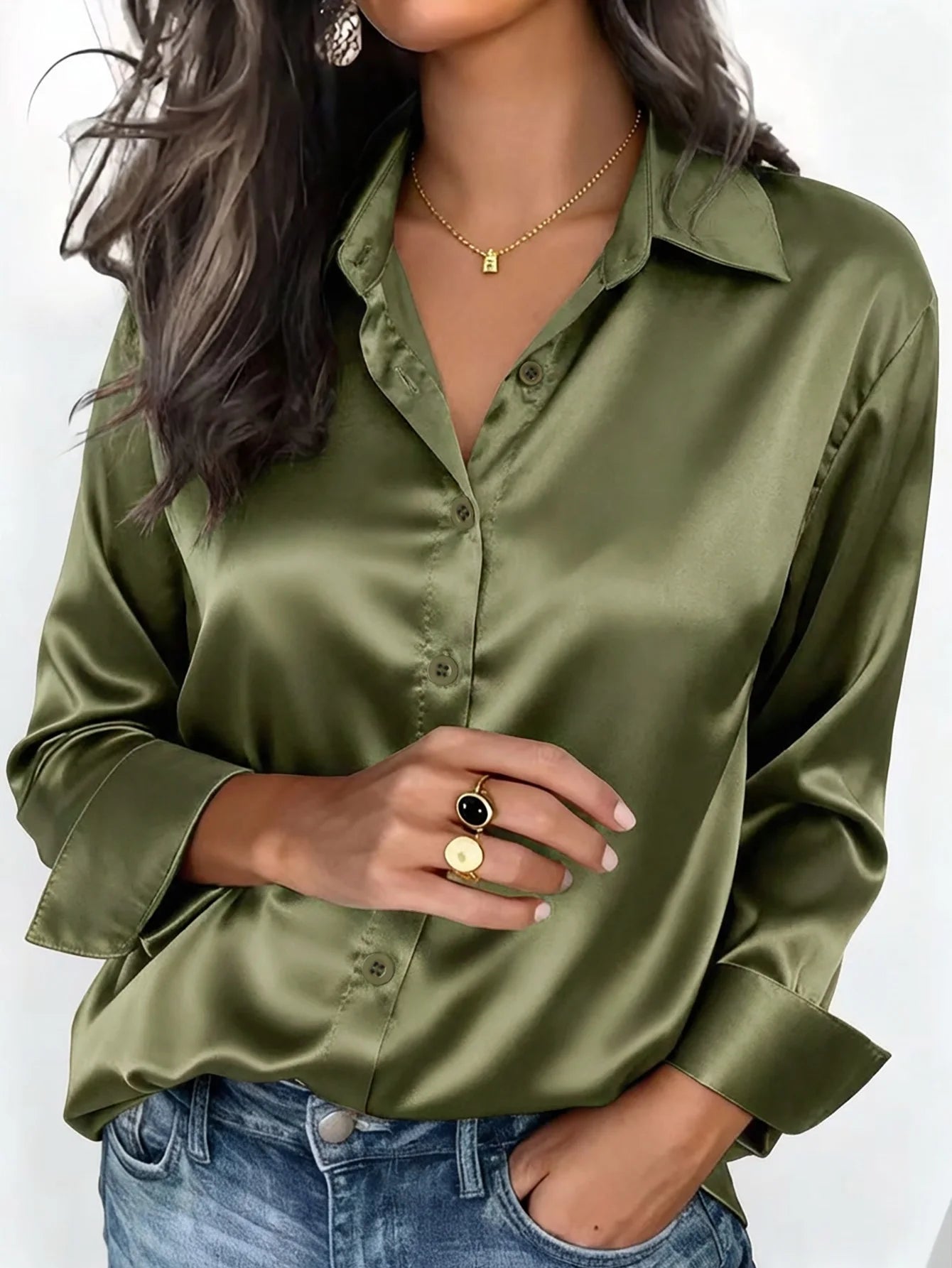 Women's Satin Button-Up Blouse, Elegant Collared Shirt