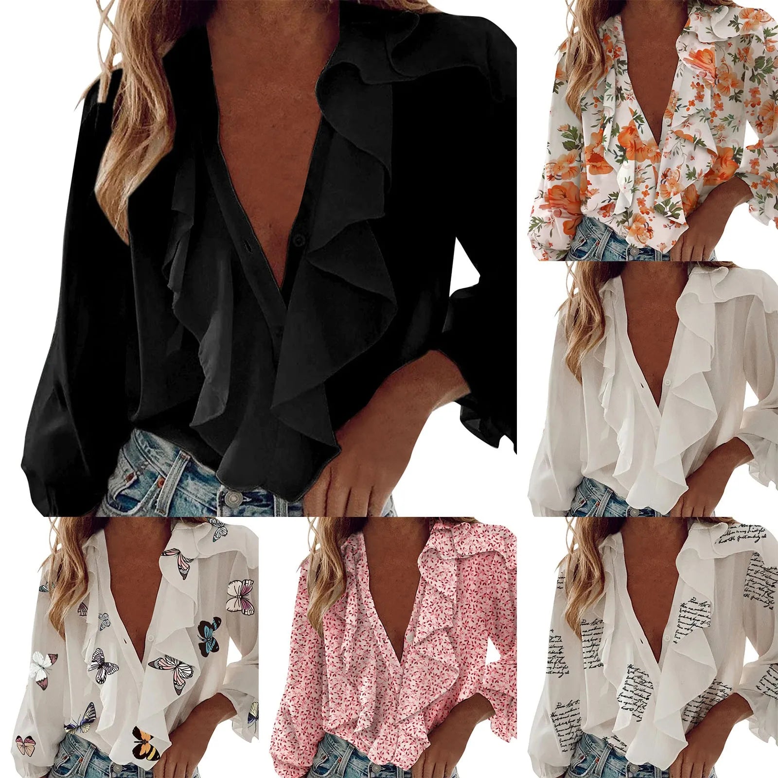 Summer Blouses For Women  Ruffle  Long Sleeve Loose