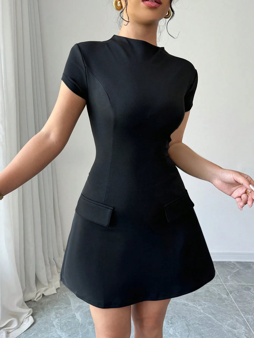Black Solid Stand Collar Short Sleeve Mini Dress