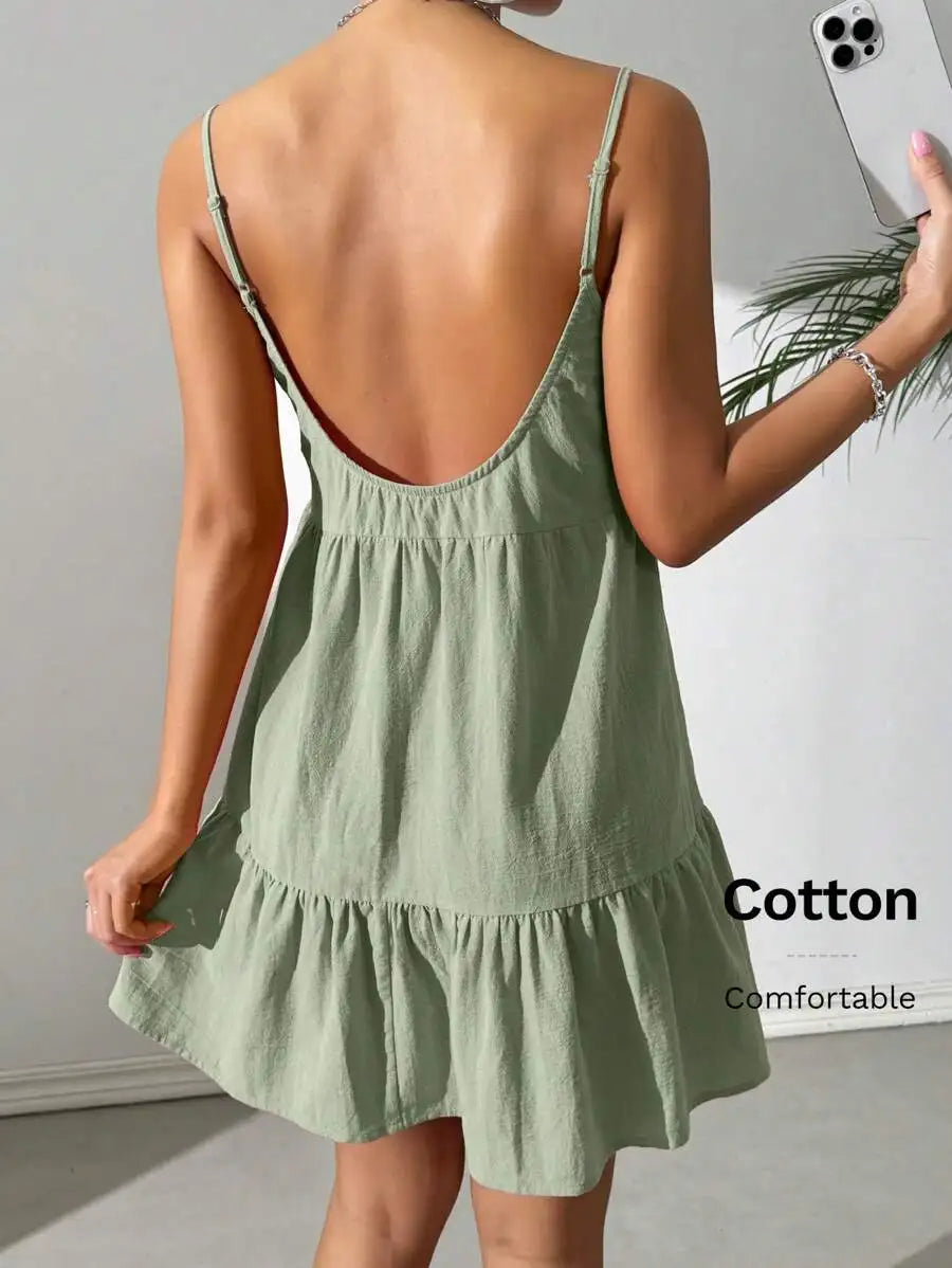 Backless Camisole Dress Ruffle Hem, Mini Dress