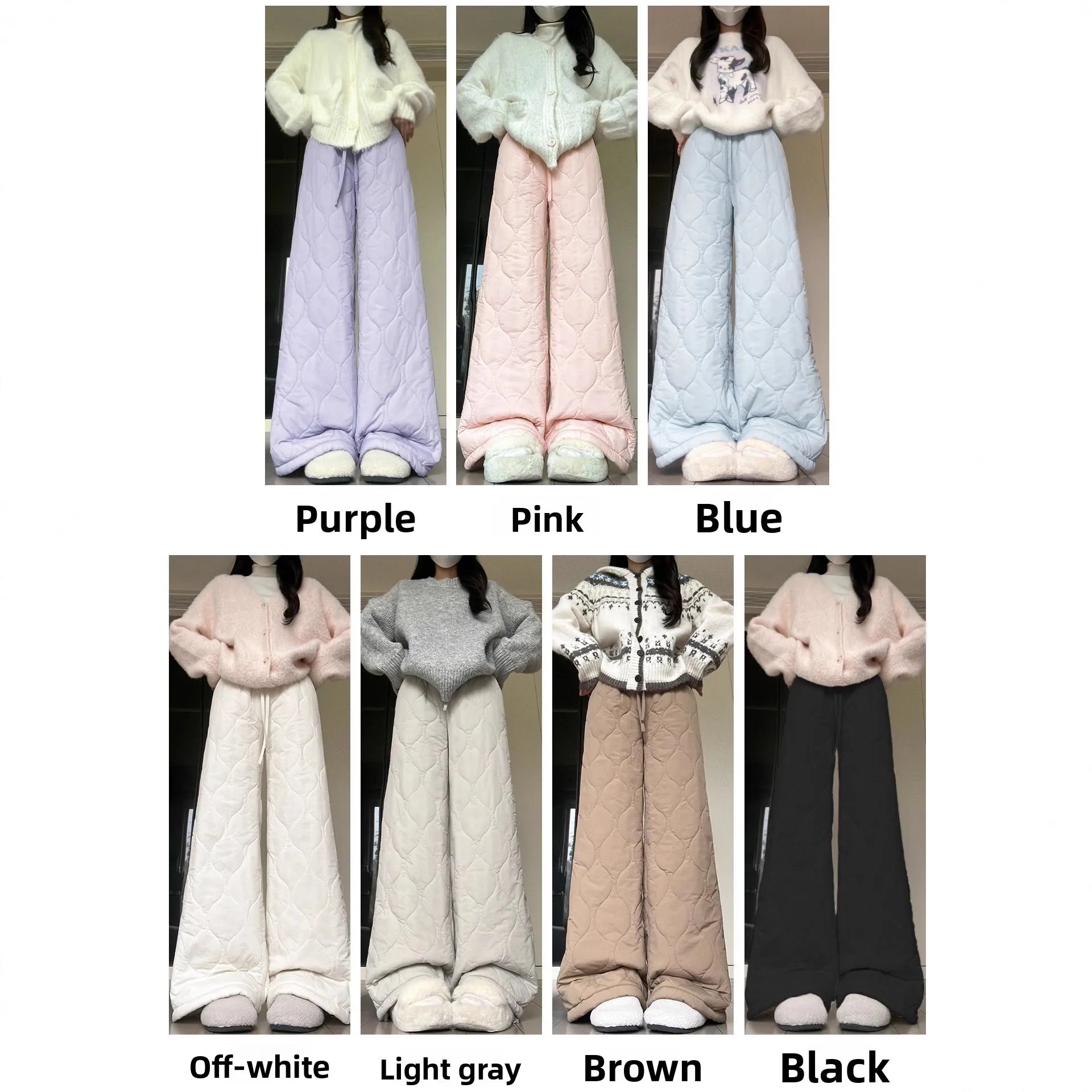 Blue Velvet Fleece Lined Casual Wide Leg Pants Women's