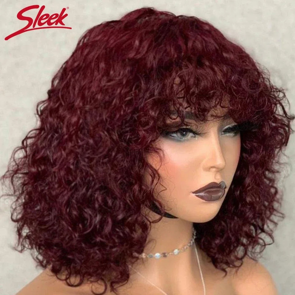 Curly Human Hair Wigs Full Machine Made for Women 
Short Bob With Bangs Affordable Natural Black Hairline Styling Ready