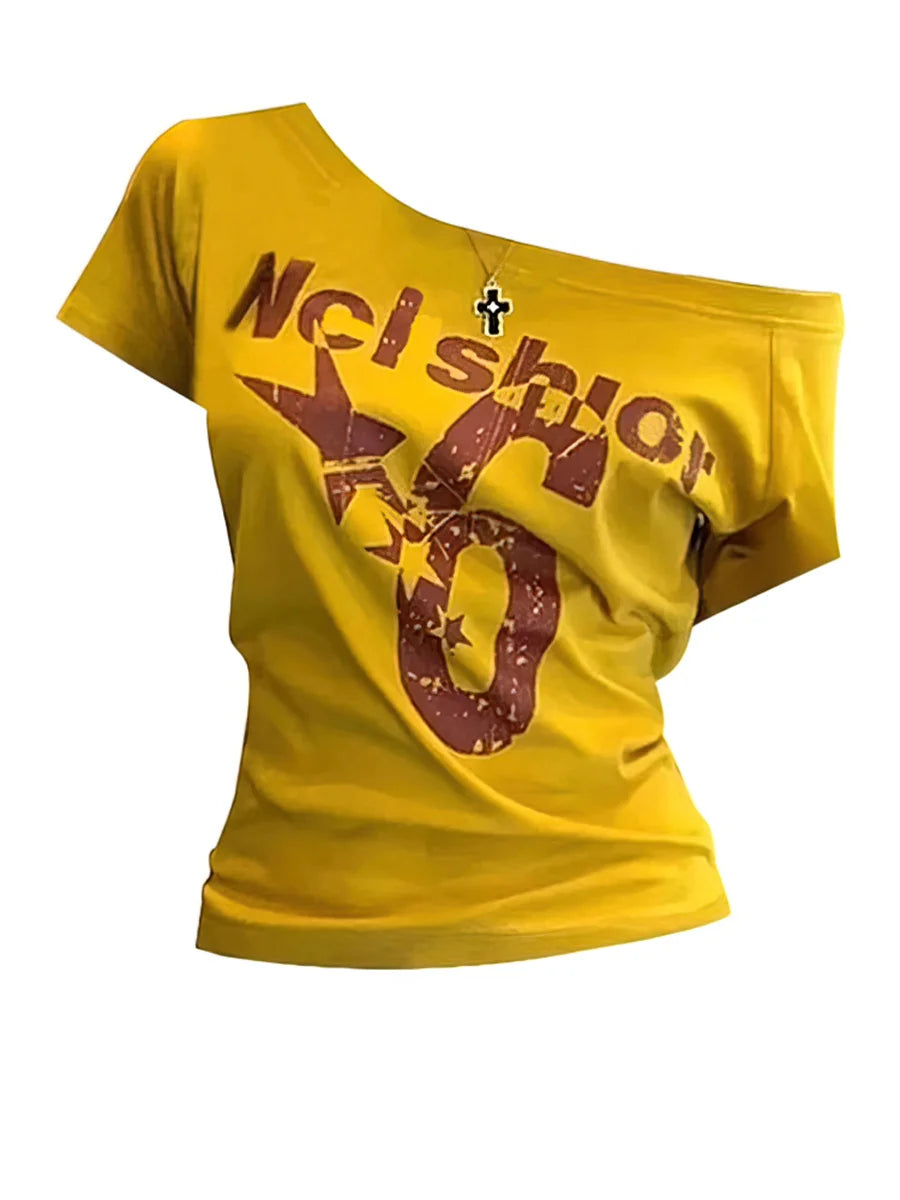 Y2k Sport Off shoulder Top Women Short sleeve T shirt